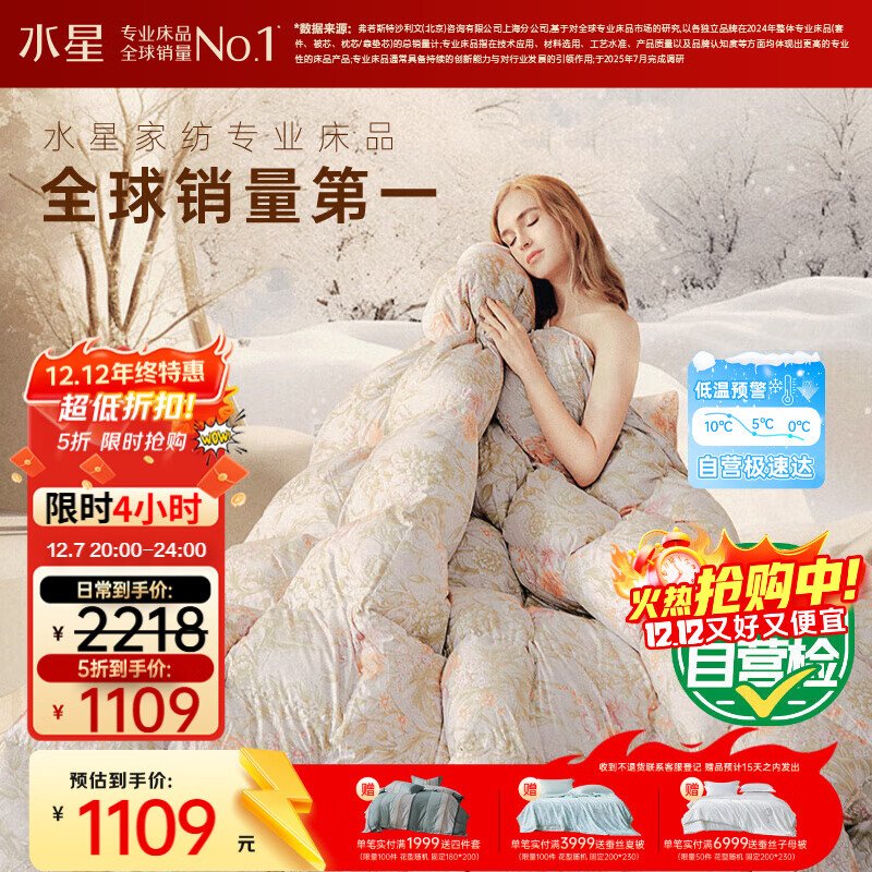 水星家纺 MERCURY 轻奢A类90%羽绒被子冬季鸭绒被子加厚双人羽绒被芯被褥200x23