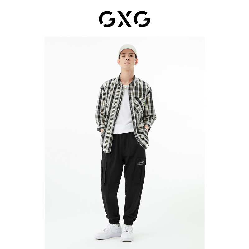 GXG 奥莱 22年男装 翻领七分袖格子衬衫胸前口袋下摆绣花夏季新品 99.5元（需