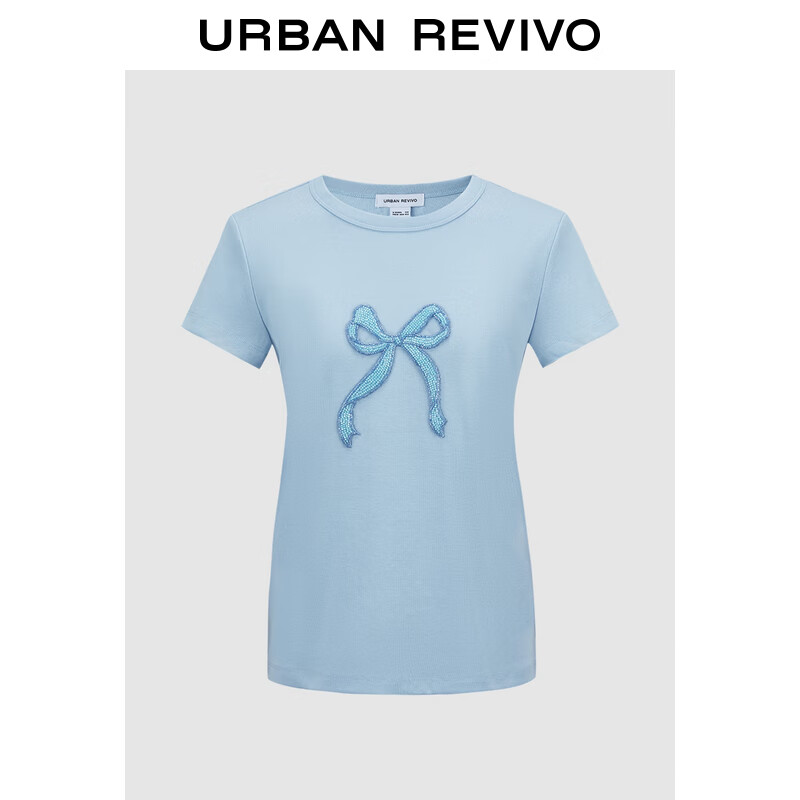 URBAN REVIVO UR2024秋季女装甜美钉珠蝴蝶结饰正肩短袖T恤UYU440011 天蓝 S 139元（