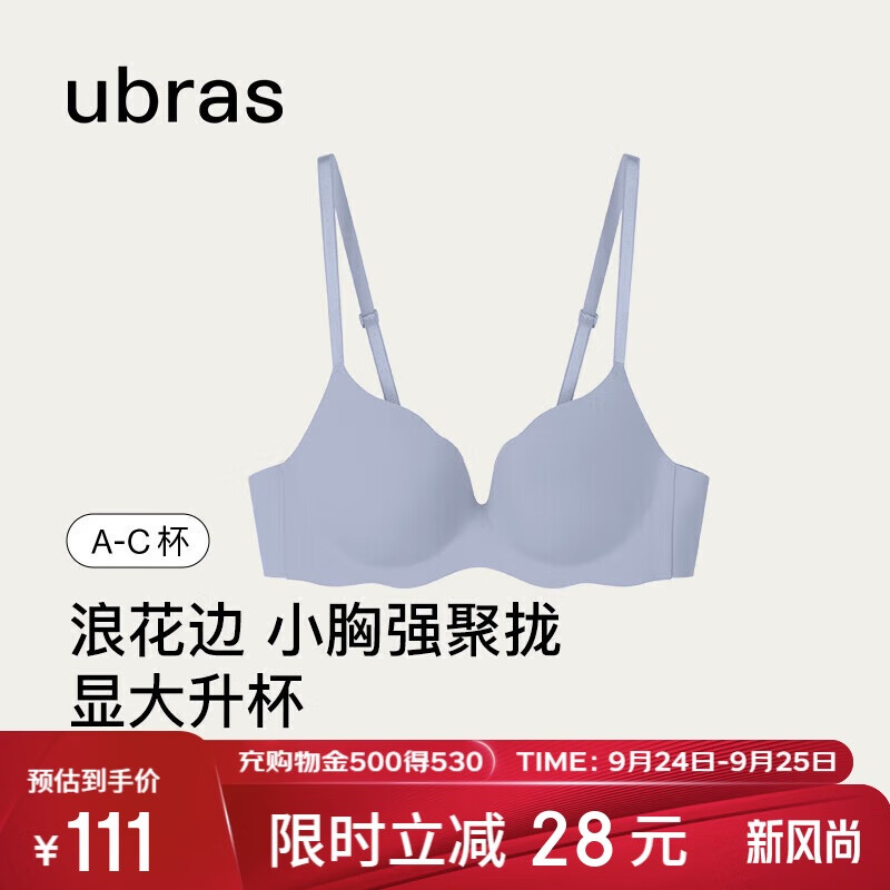 Ubras 浪花边小胸聚拢文胸性感收副乳无痕升杯女士内衣女 奶盐蓝 C70 111元（