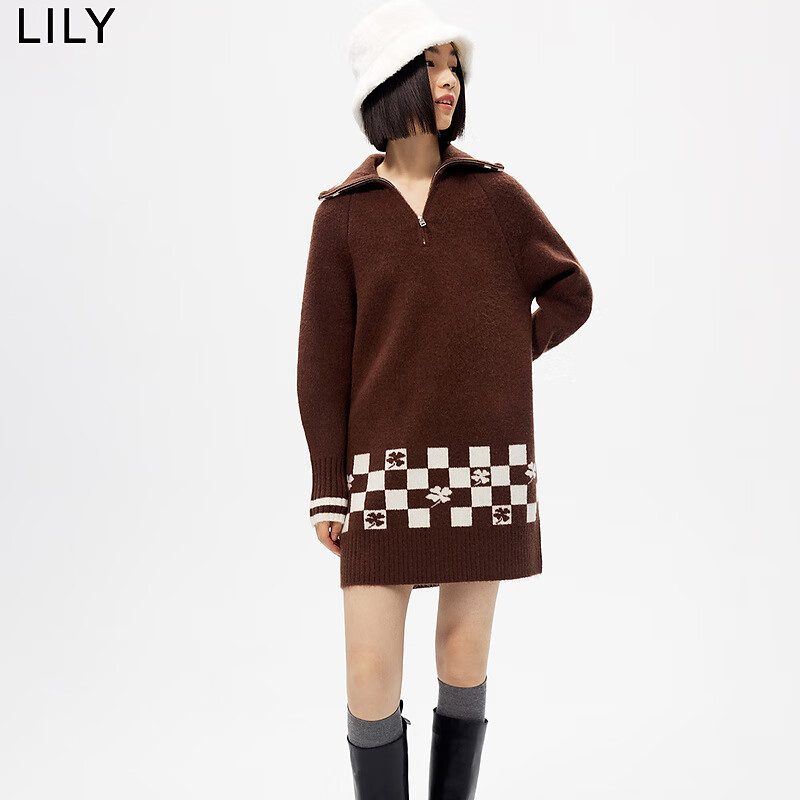 LILY 复古洋气拉链翻领直筒针织连衣裙 732巧克力色 L 156.8元