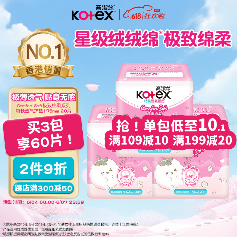 PLUS会员：kotex 高洁丝 极致绵柔超薄透气卫生护垫 17.5cm*20片 4.57元（需买2件