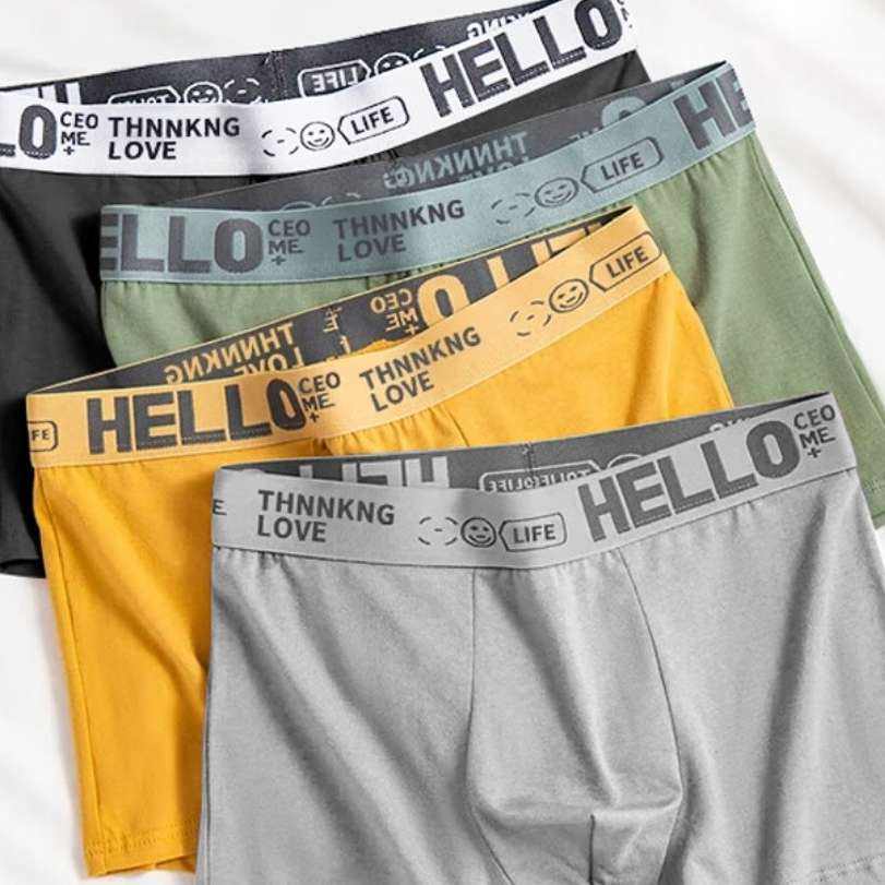 Hello 男士中腰高弹透气平角内裤 3条装 黑色+浅灰+绿色 2XL 4.35元/3条