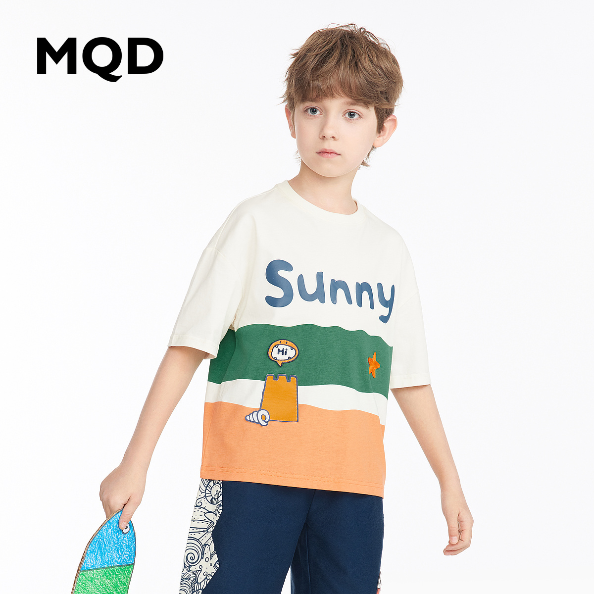 MQD 马骑顿 夏季新款夏装童装男童儿童短袖T恤圆领拼色图案宽松印花上衣 76.