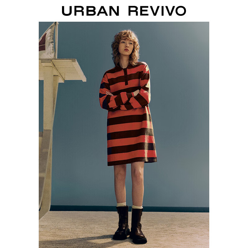 URBAN REVIVO UR2024春夏新款女装美式复古风撞色条纹长袖连衣裙UWU740001 349元（