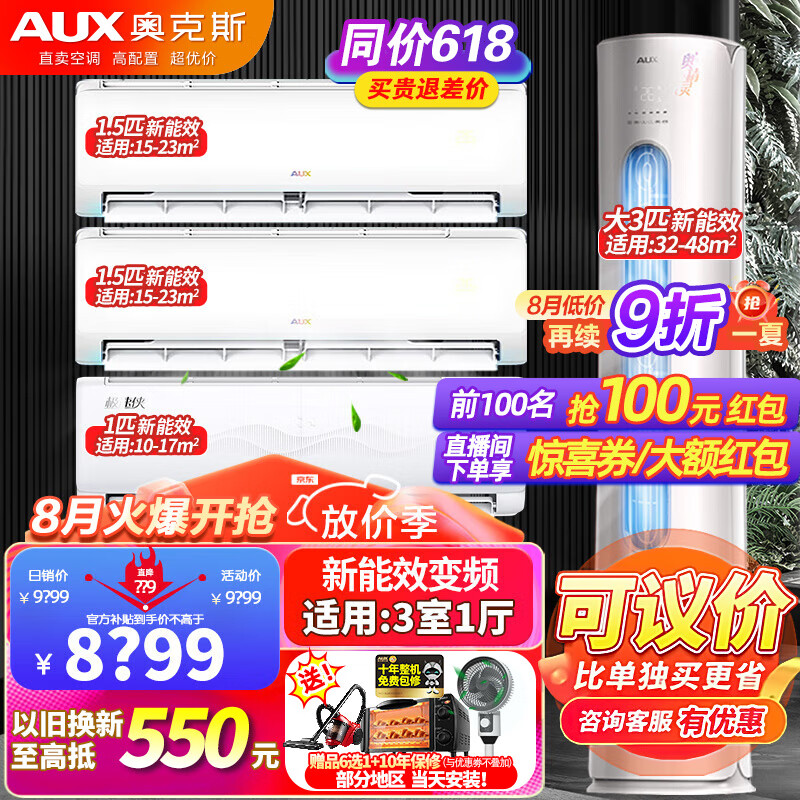 AUX 奥克斯 倾城系列 KFR-72LW/BpR3NHA2+1 一级能效 立柜式空调 3匹 8321.05元（需用