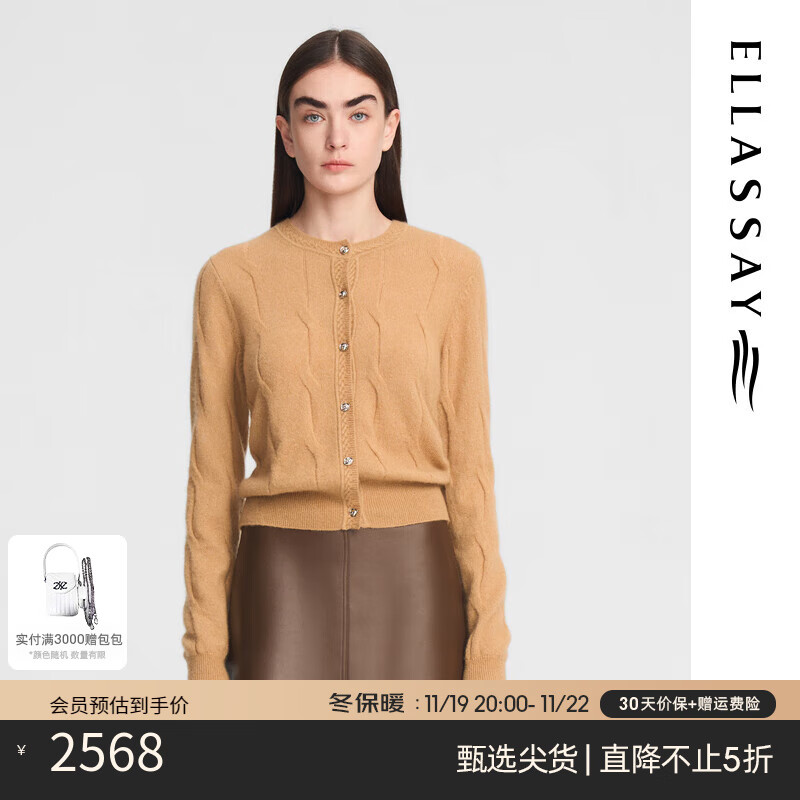 ELLASSAY 歌力思 2024秋季山羊绒复古慵懒蓬松开衫羊绒衫女EWE353M11900 驼棕色 M 2