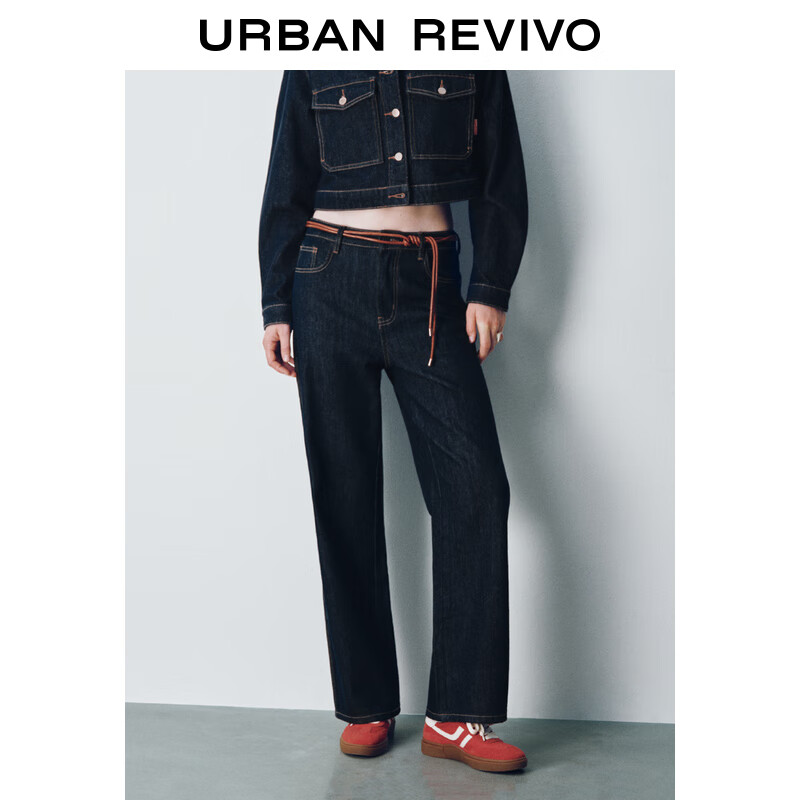 URBAN REVIVO UR2024秋冬女装时尚百搭明线车缝高腰牛仔长裤UYU840019 靛蓝 26 279元