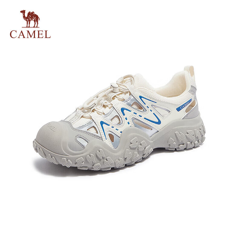 CAMEL 骆驼 溯溪鞋女撞色拼接绑带厚底户外休闲鞋 L24M076602 米/银/灰/蓝 37 295