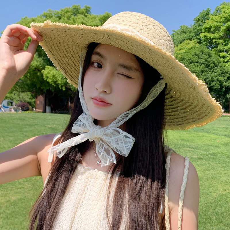 赫卡维韩版蕾丝飘带草帽 22.8元
