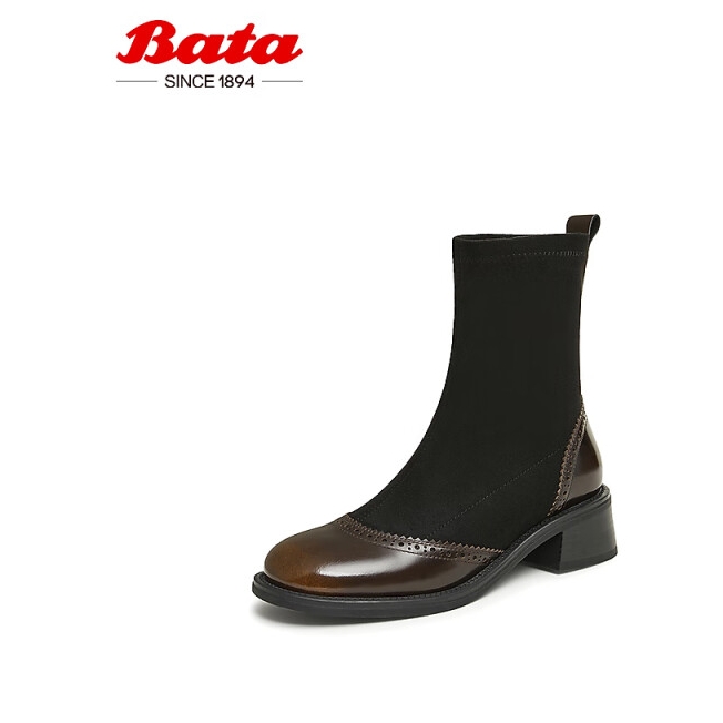 Bata 拔佳 瘦靴女2024冬季新款通勤粗跟百搭布洛克时尚短筒靴49056DD4 棕色 39 35