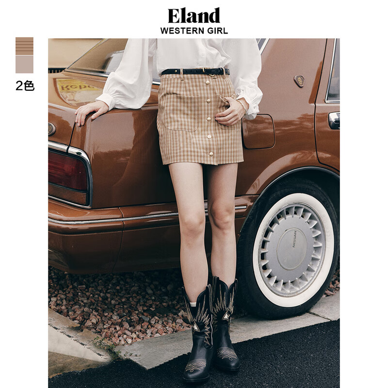 E·LAND 衣恋 ELAND衣恋半身裙女小A型格纹单排扣门襟简约裙子时尚短裙春夏 卡