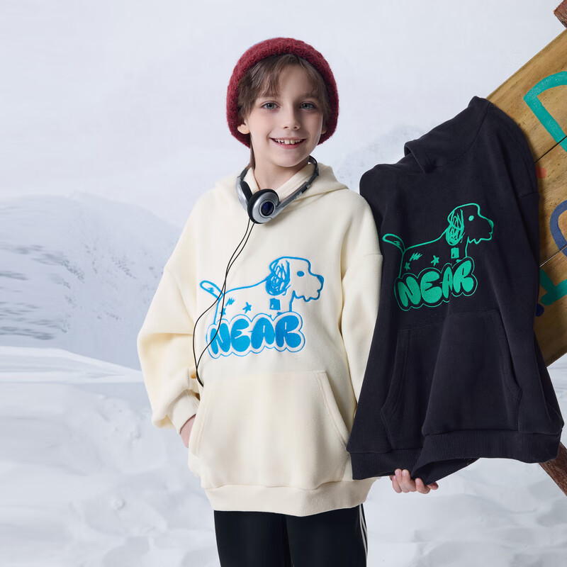 马骑顿 冬季男大童学院风卡通加绒休闲连帽卫衣 米白 140 81元（需用券）