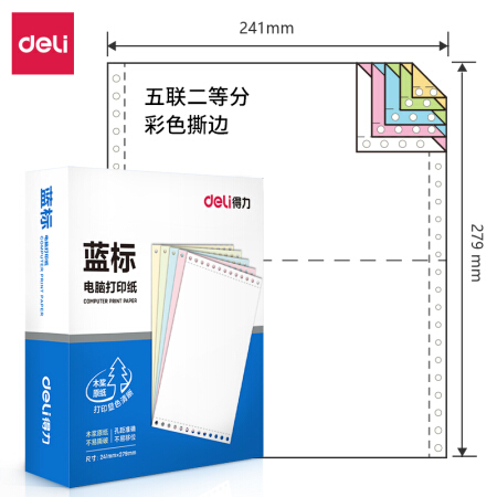 deli 得力 蓝标/锐标 五联二等分撕边电脑打印纸 彩色针式打印纸 34.2元