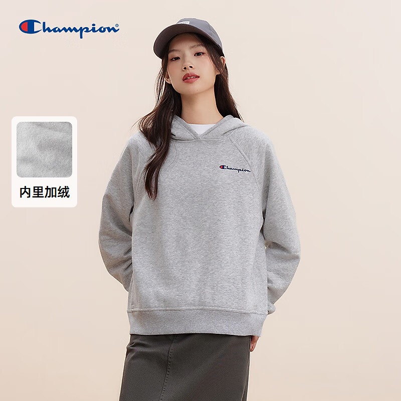 Champion 冠军加绒连帽卫衣女2024秋季休闲时尚经典刺绣长袖上衣 灰色 M 419元