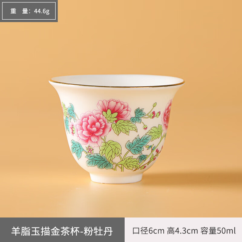 羊脂玉 十二花神杯 描金粉牡丹 ￥12.9