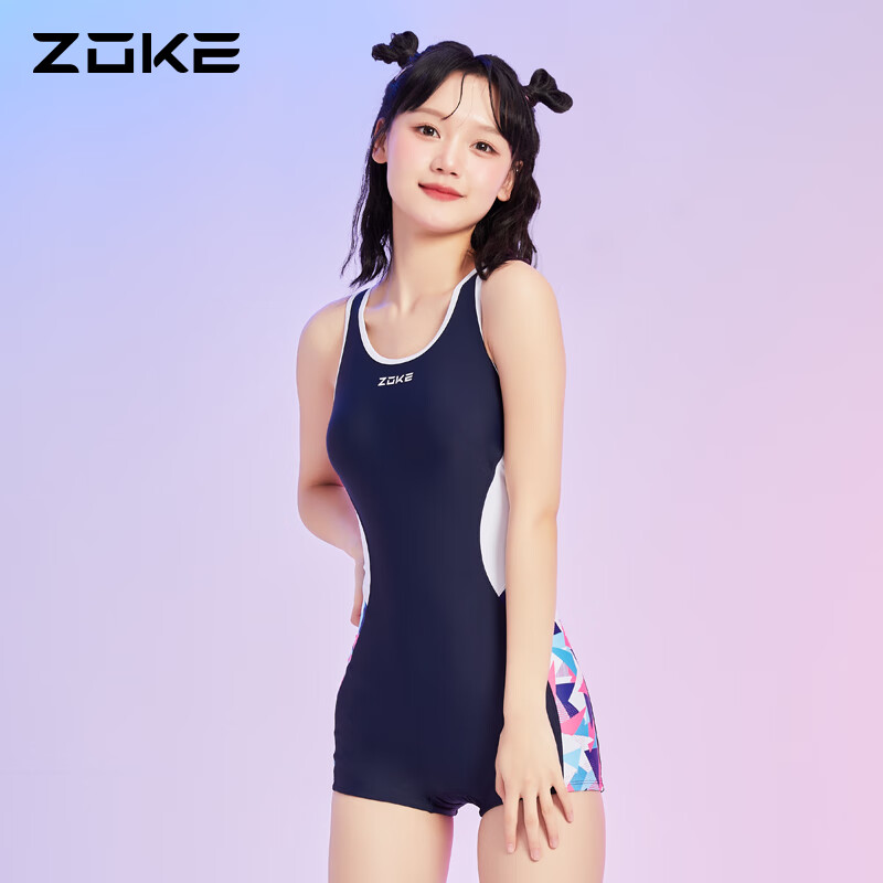 ZOKE 洲克 泳衣女平角连体竞技123501420 深兰/玫兰白菱形花 L 145.91元（需买2件