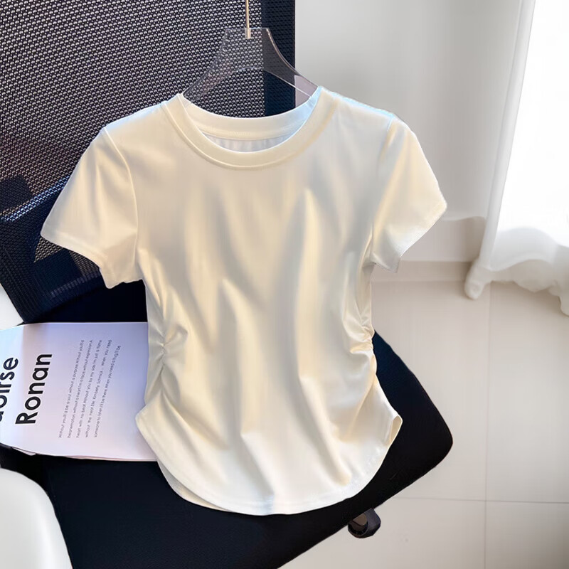 YUZHAOLIN 俞兆林 T恤女士夏季薄款显瘦收腰圆领打底百搭休闲短袖白色上衣 39.