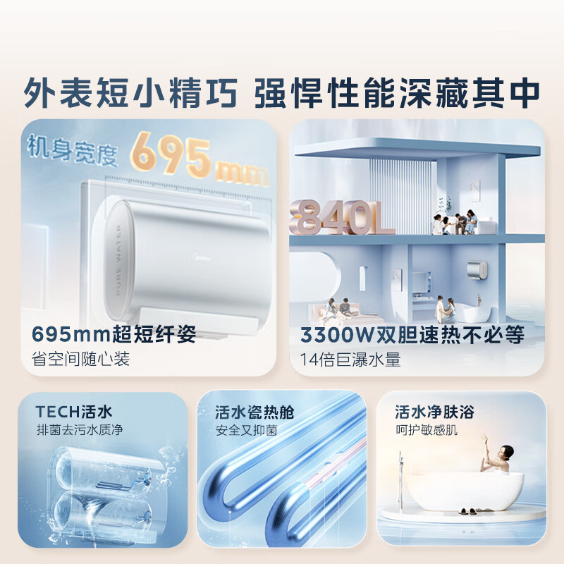 Midea 美的 玲珑超薄60升TECH活水 双胆扁桶电热水器3300W 2319.2元（需用券）