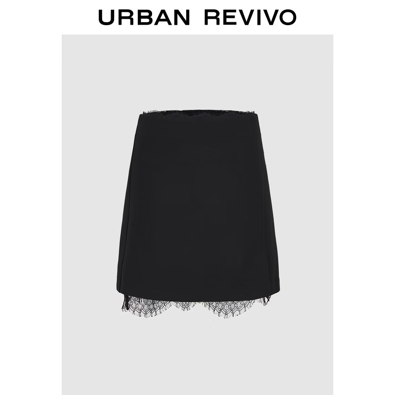 URBAN REVIVO UR2024秋季女装气质轻熟风蕾丝拼接短款半裙UWG540087 正黑 XS 219元（