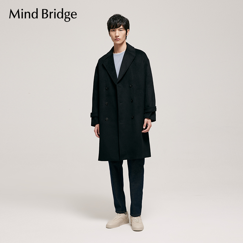 Mind Bridge MindBridge中长款羊毛呢子大衣男2022新款黑色韩系双排扣毛呢外套 379.