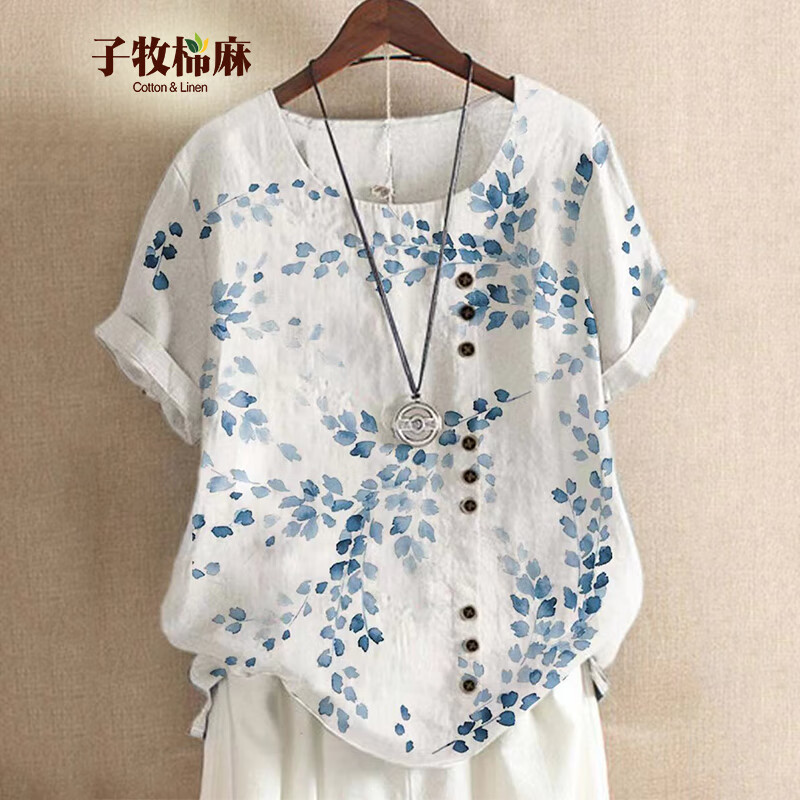 子牧棉麻 女文艺印花短袖T恤 宽松显瘦圆领上衣 3718 白色 M 59元（需用券）