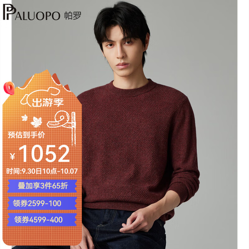 PALUOPO 帕罗 秋冬100%纯山羊绒衫男移针提花厚款针织圆领套头2024针织内搭毛