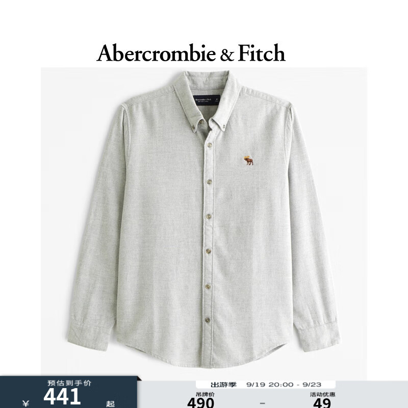 Abercrombie & Fitch 男装24春秋款经典小麋鹿通勤人字纹内搭长袖衬衫KI125-4326 浅