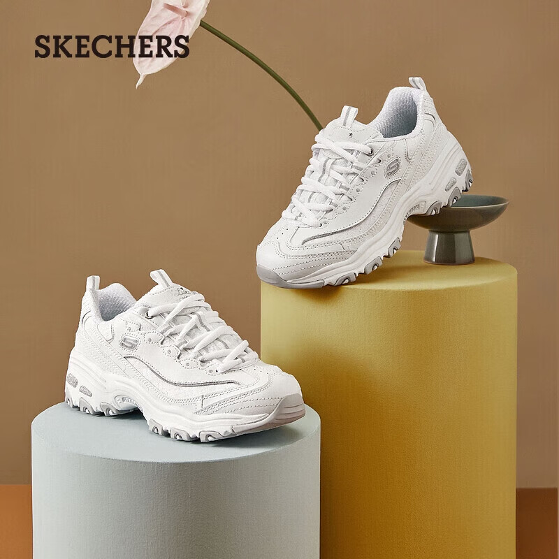 PLUS会员：斯凯奇 Skechers 女鞋经典熊猫鞋老爹鞋蕾丝厚底小白鞋 135.23元（需