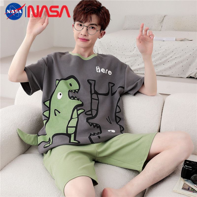 NASAOVER NASA恐龙夏季男士睡衣纯棉短袖新款卡通青少年大码学生家居服套装 39