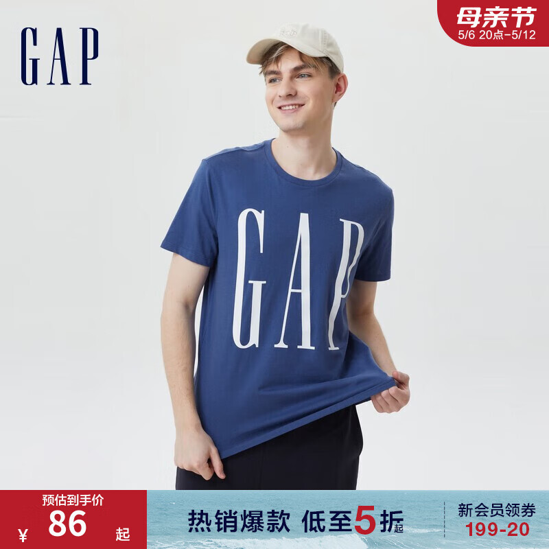 Gap 盖璞 男装休闲舒适圆领T恤夏季499950 时尚LOGO短袖上衣男 蓝色 175/92A(S) 81.7