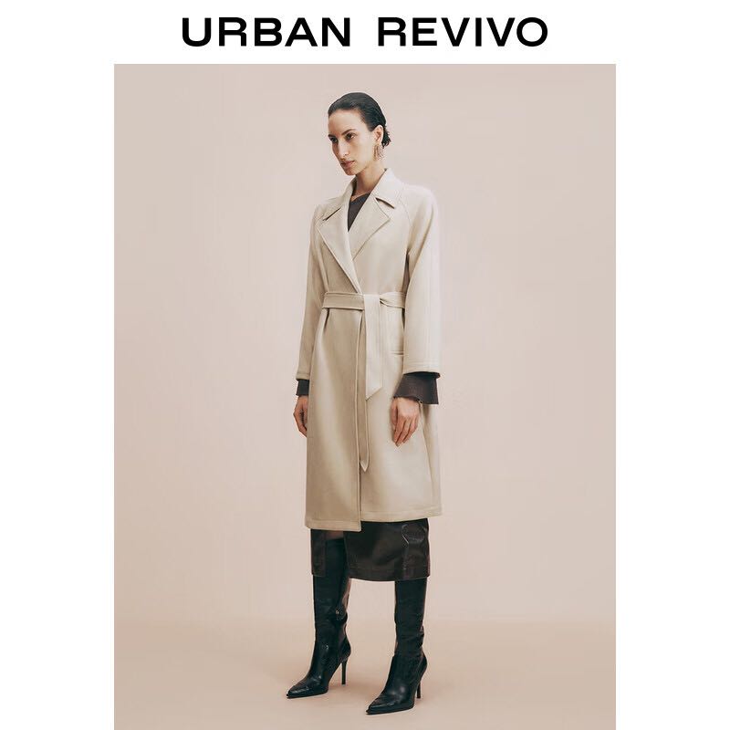 URBAN REVIVO UR2024秋冬新款女装老钱风气质腰带中长款大衣外套UWM140028 米白 S 46