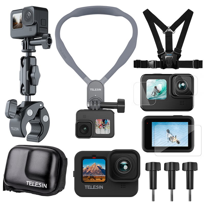 TELESIN 适配gopro12配件挂脖gopro11电池充电器兔笼边框旅游骑行支架收纳包胸带