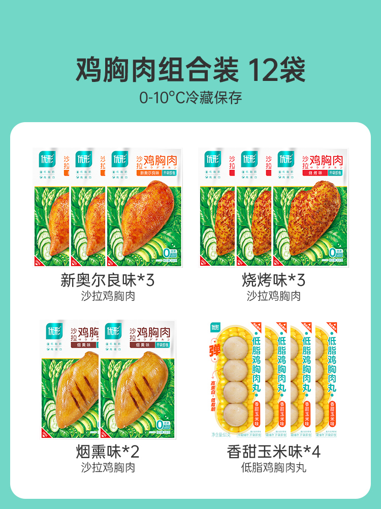 优形 鸡胸肉低脂丸子组合沙拉健身代餐鸡肉零食1040g共12袋 79.9元
