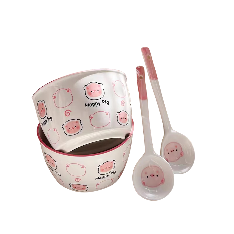 再降价、小程序：釉下彩可爱卡通碗碟套装家用高颜值陶瓷碗筷盘餐具 2碗2