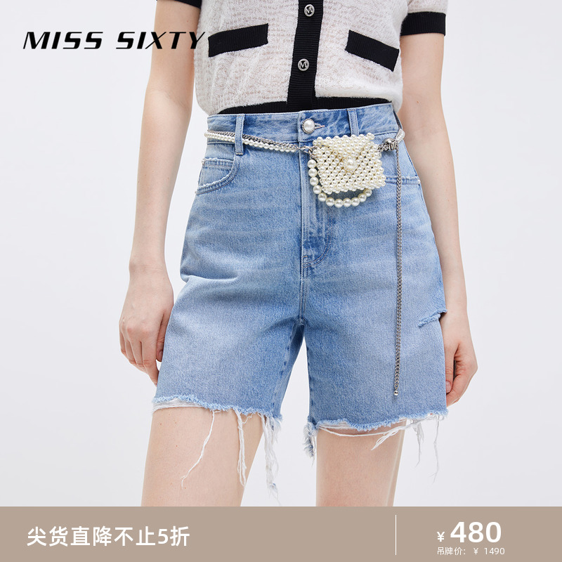 MISS SIXTY 2022夏季新款牛仔短裤女配腰包毛边刺绣高腰直筒纯棉 430元（需买3