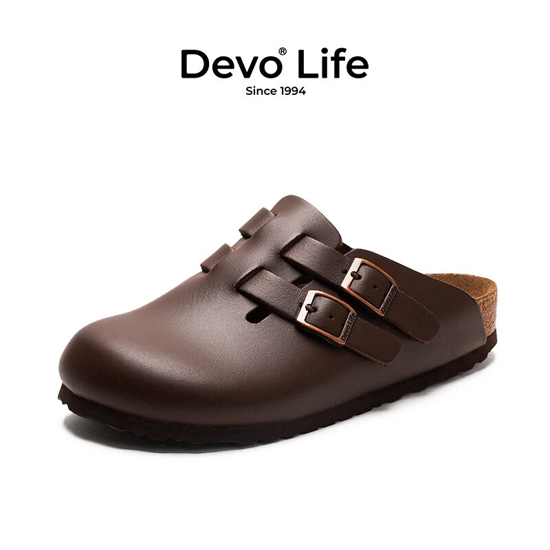 PLUS会员：Devo 的沃 女士时尚复古文艺软木拖鞋 22003 深棕亮面牛皮 38 256.86元