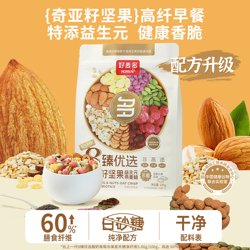 好麦多 酸奶桃桃坚果水果燕麦片冷泡奇亚籽零食干吃代早餐即食冲饮食品 
