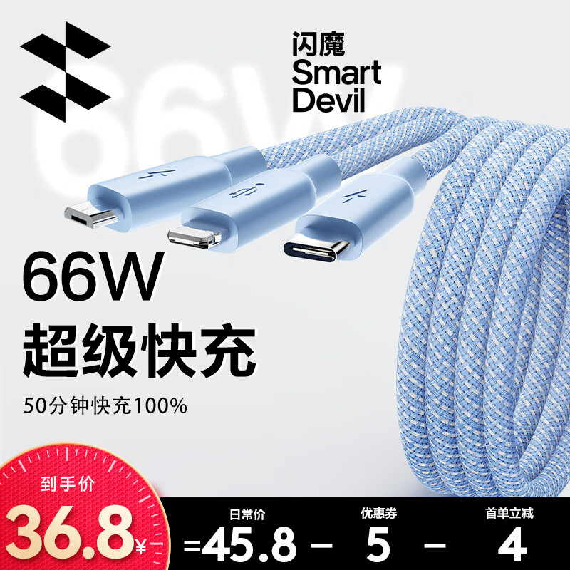 SMARTDEVIL 闪魔 数据线三合一手机充电线66wType-C安卓 远峰蓝1.2米 41.8元（需用