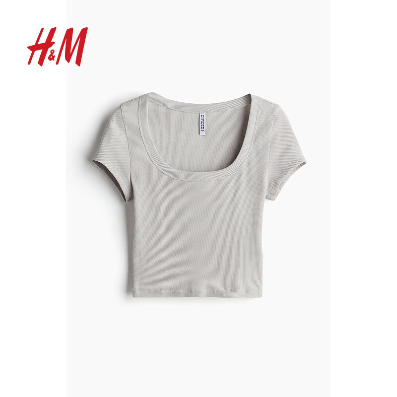 概率券：H&M 女装T恤2024夏季新款简约内搭短袖低圆领罗纹修身短上衣1212806 