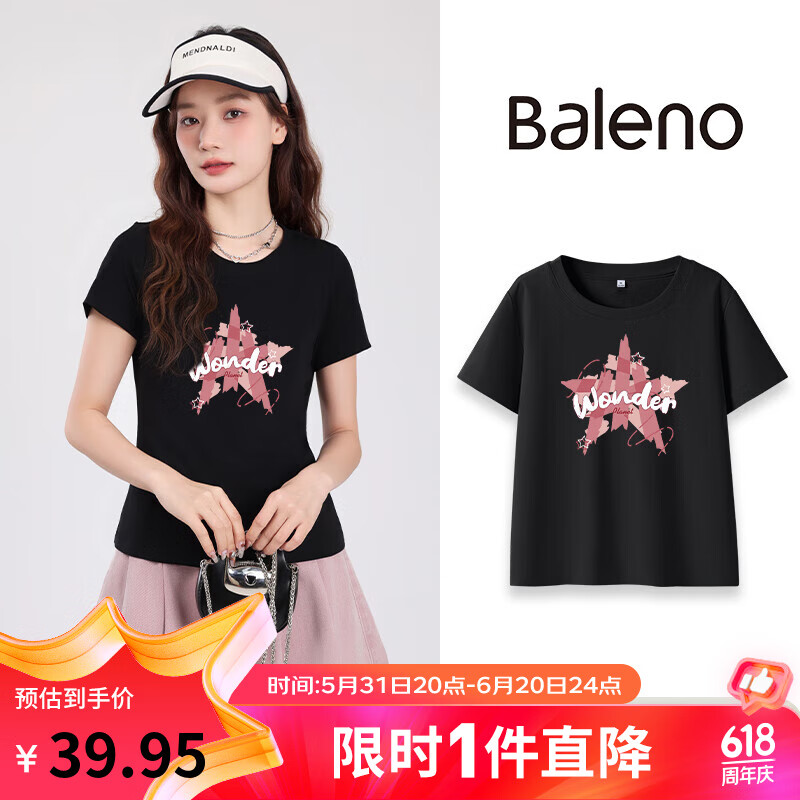 Baleno 班尼路 短袖t恤女美式复古上衣设计感小众2024夏季修身女装潮 黑-星星