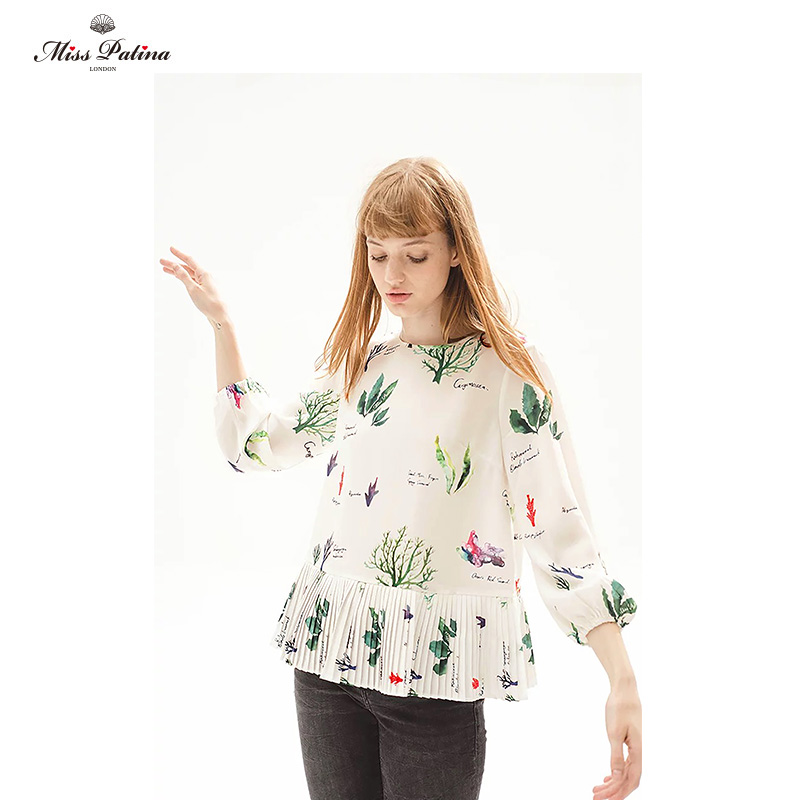 Miss.Patina MP英伦复古原创设计 海洋植物学手绘印花仙气长袖百褶衬衫 462.43元