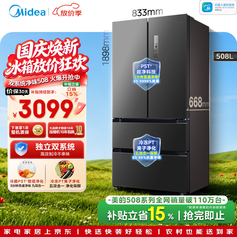美的 508L法式四开门冰箱双系统双循环一级能效除菌净味风冷无霜大容量BCD-508WTPZM灰 2398.96元 - 线报酷