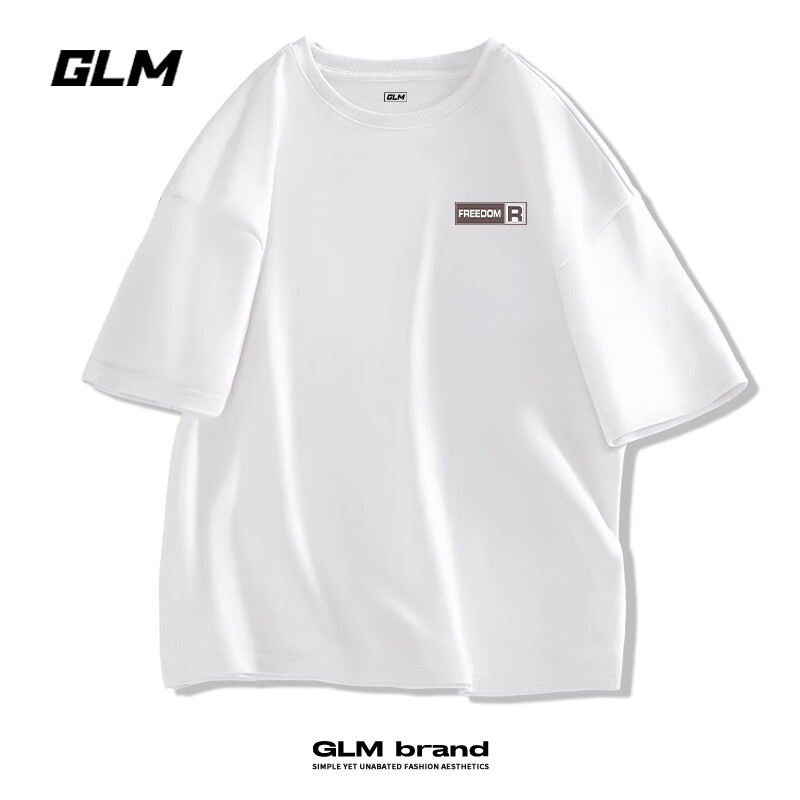 GLM 美式休闲短袖t恤男慵懒潮搭宽松大码青少年夏季上衣纯棉体恤 白#JGL咖长