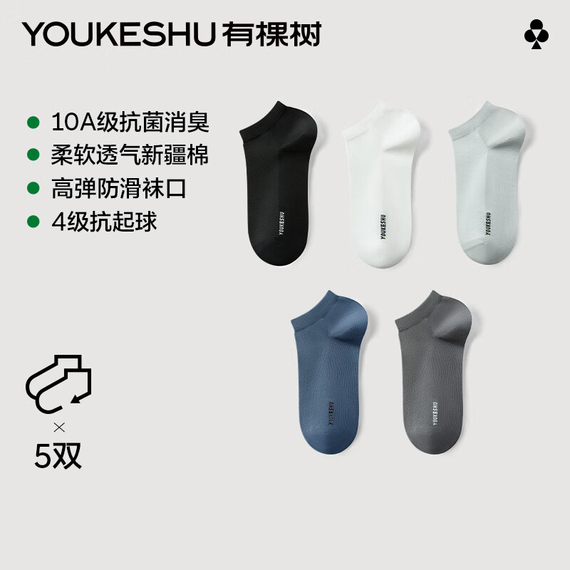 有棵树 男士短袜男10A抗菌女士透气星空蓝+白+深碳灰+浅藤灰+黑 5双 均码 15元(需买2件,需用券)