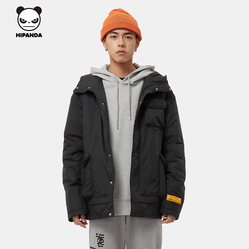 HIPANDA 你好熊猫 男款拼接连帽冬装棉服外套经典纯色复古设计潮牌 154.36元（
