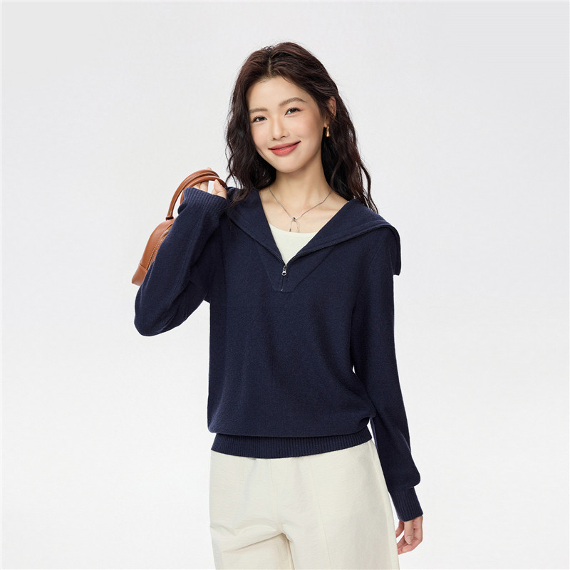 佐丹奴 假两件针织衫女春季新款撞色宽松海军领针织上衣女13355782 125.9元