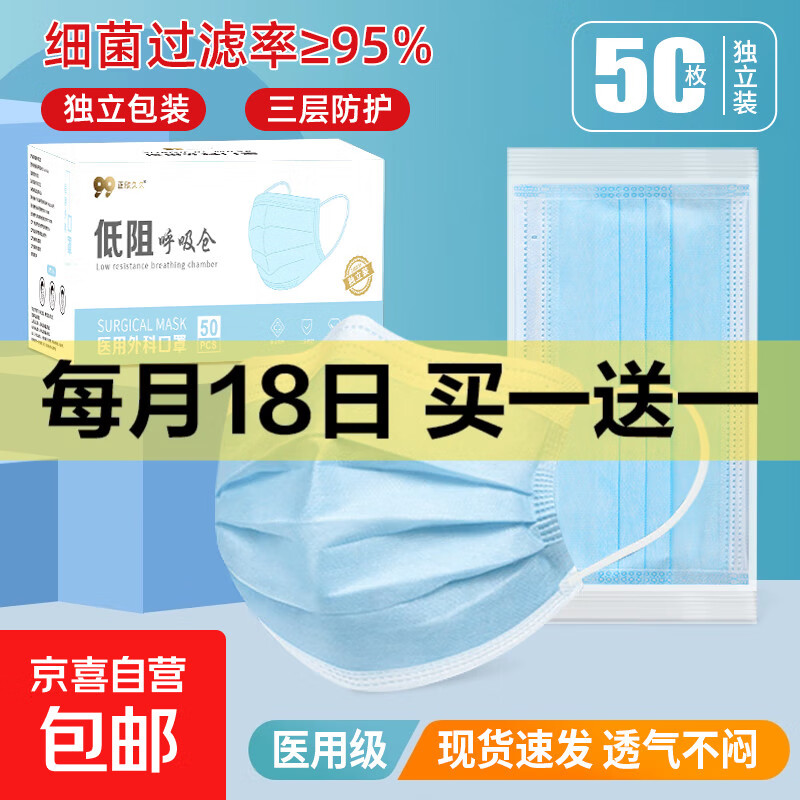 正欣久久 买一送一 医用级外科口罩独立包装一次性口罩50只一盒厂家批发 