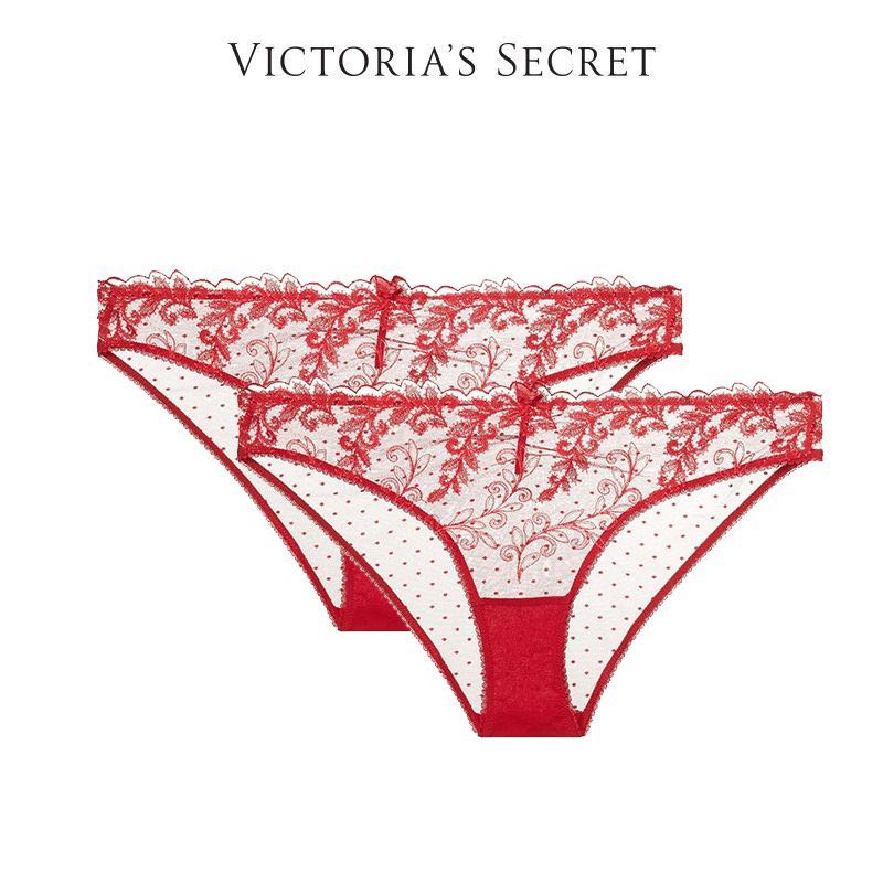 VICTORIA'S SECRET 维密 花漾蕾丝红色性感蝴蝶结装饰低腰半包臀两条装内裤 88元