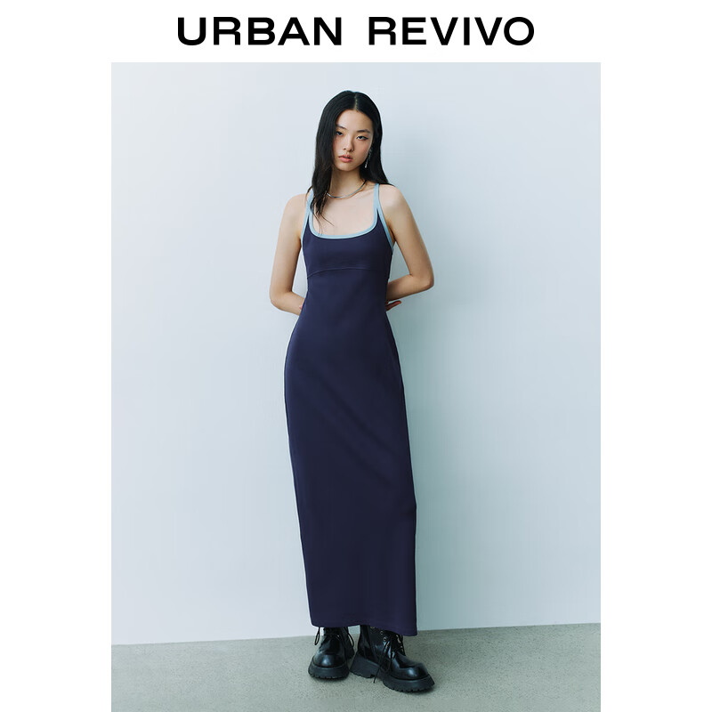 UR UR2025春季女装时尚氛围感撞色修身吊带连衣裙UYV750018 墨蓝 L 299元